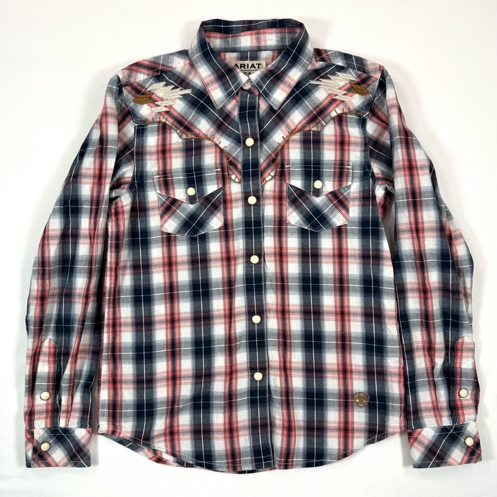 ARIAT REAL Girls Western Snap Shirt M 10 Plaid Embroidered Yoke Rodeo Cowgirl